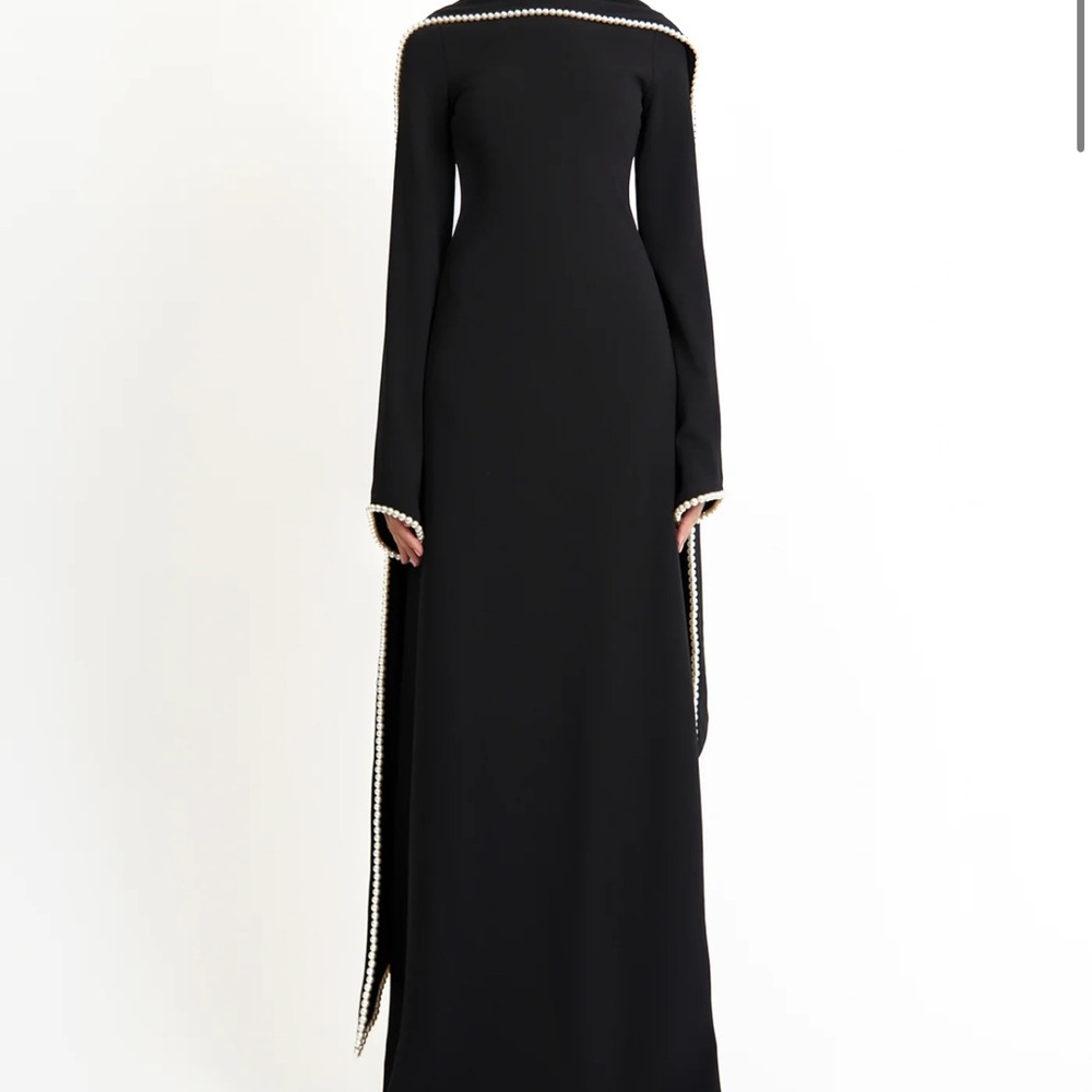 Khanum’s UK Krace Black Long Sleeve Dress with Pearl Trim